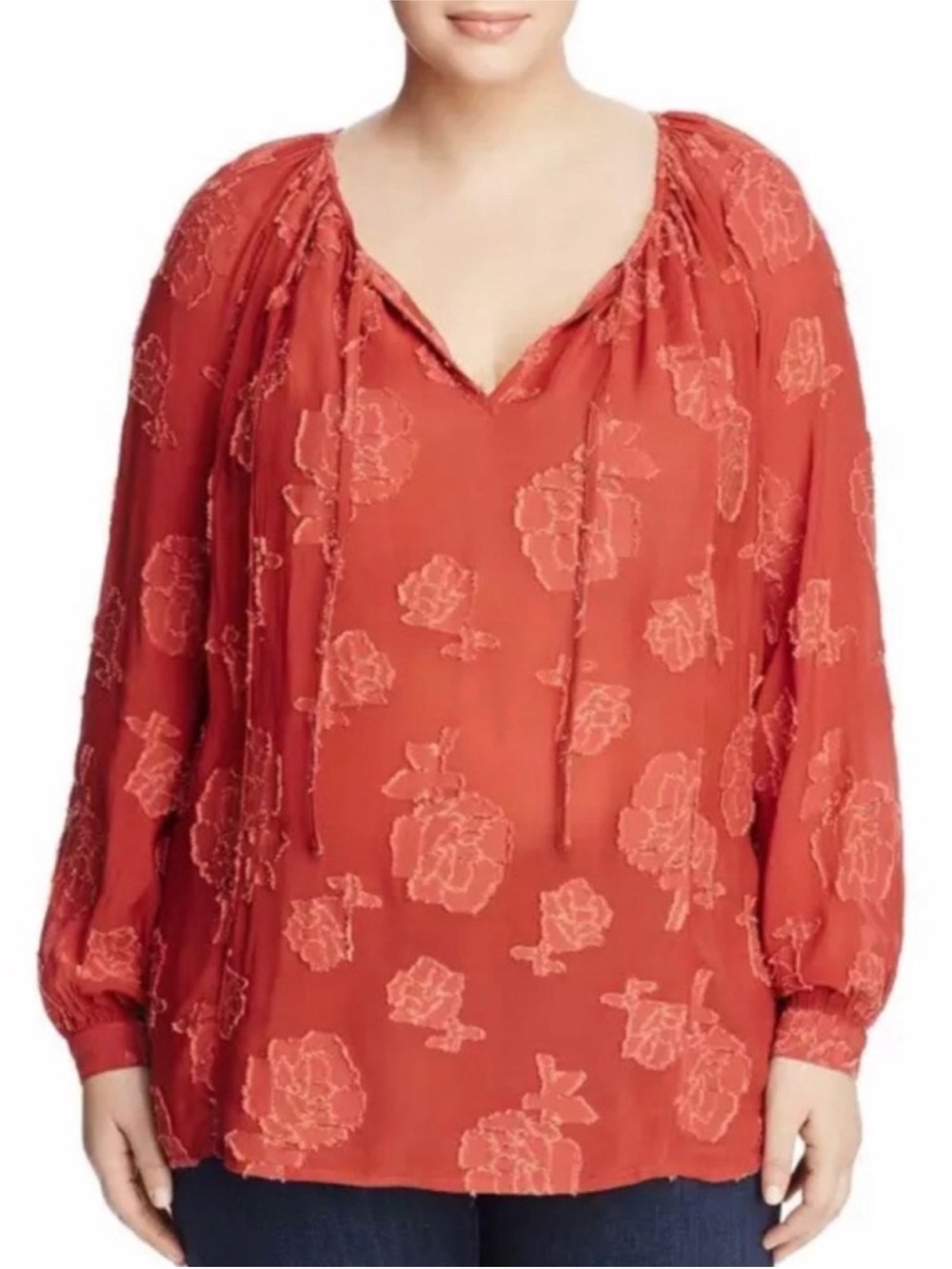 Lucky Brand Coral Red Floral Tie-Neck Peasant Blouse